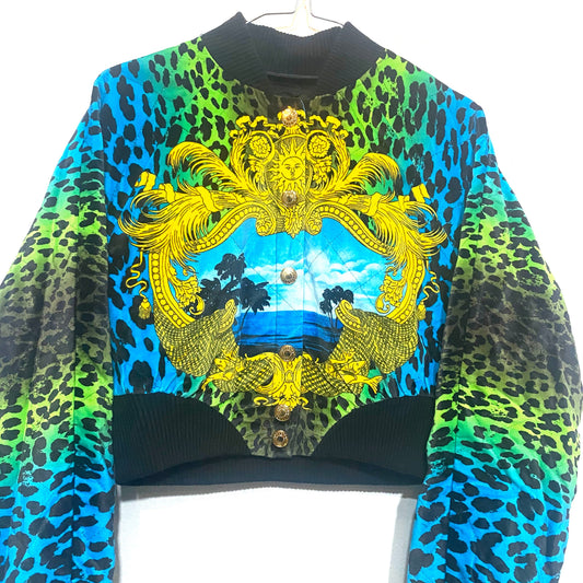 Versace HM acid green cheetah baroque velvet bomber jacket, mint condition, 2 available in sizes 36 & 38