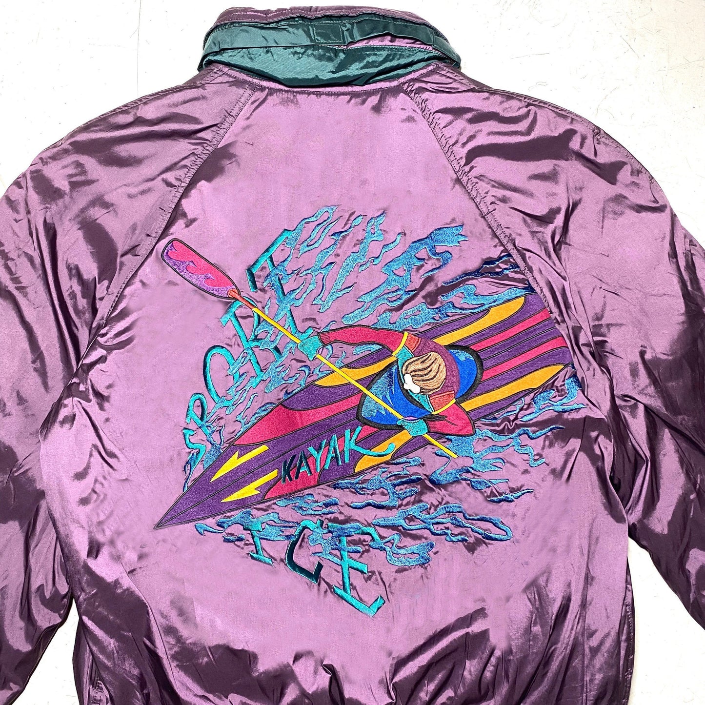 Iceberg sport purple puffer jacket with big & colorful Kayak embroidery, new with tags sz L