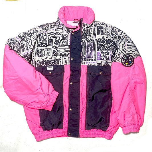 Maui & Sons coolest neon pink / graffiti-Haring style b/w motif padded / hooded snowboarder jacket, mint