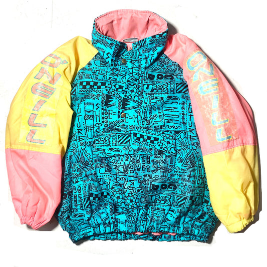 O’Neill 90s hip abstract graffiti allover neon colors pullover windbreaker snow jacket, great condition