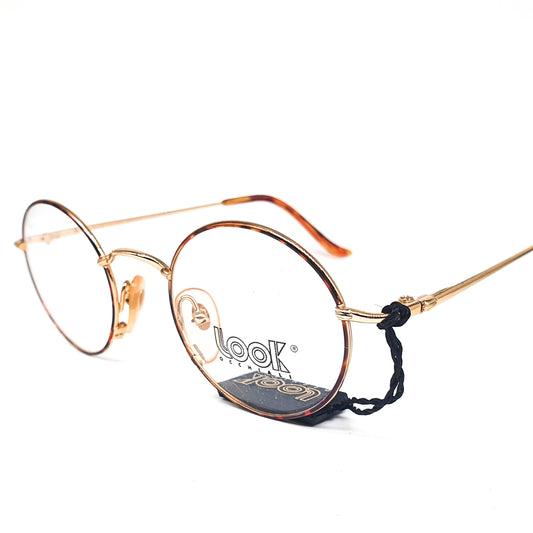 Look round gold metallic eyeglasses frames made in italy with tortoise cable rim, 1980s nos