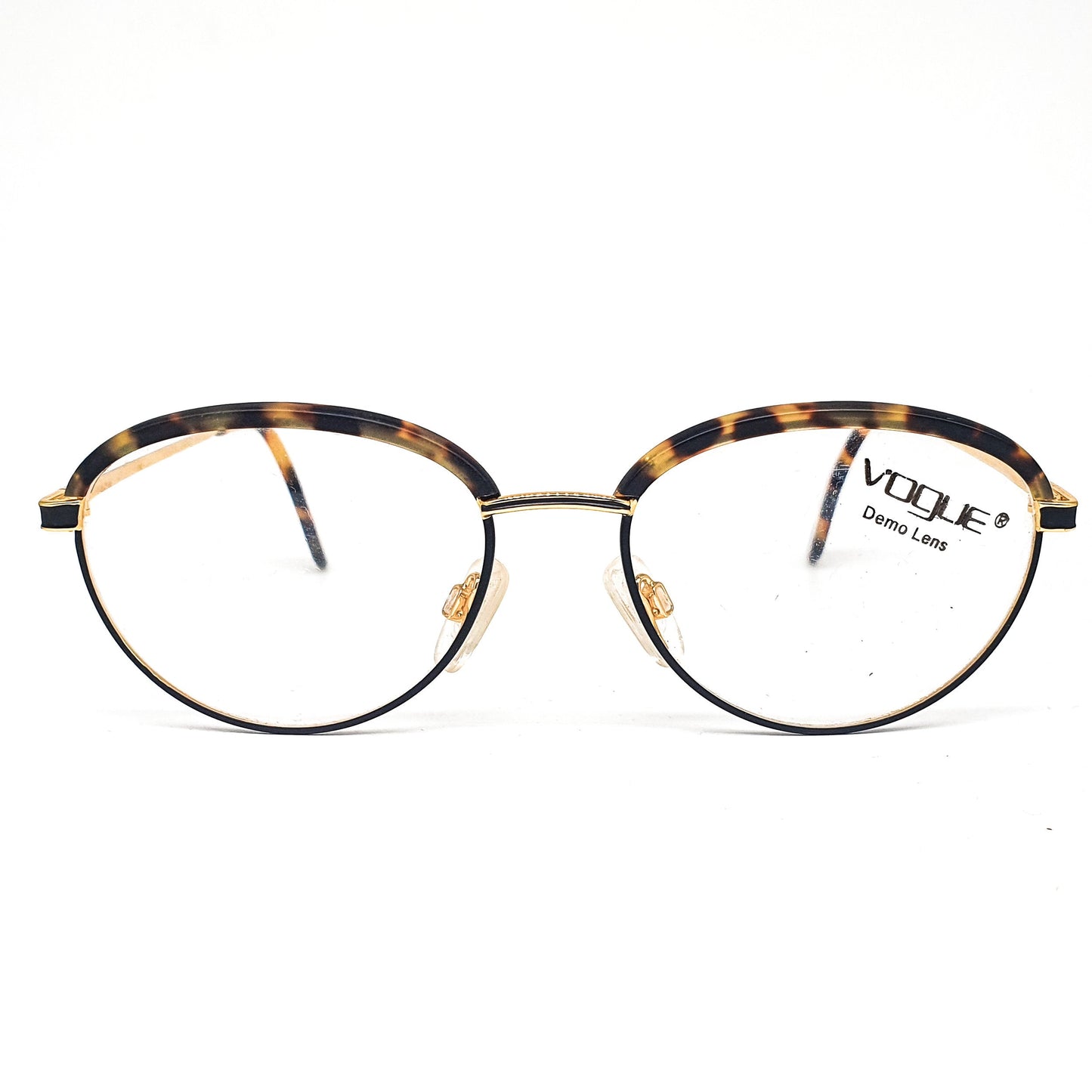 Vogue Joyce metallic eyeglasses frames with thick acetate browline and temple tips in two colour choices, 1990s NOS Italy.