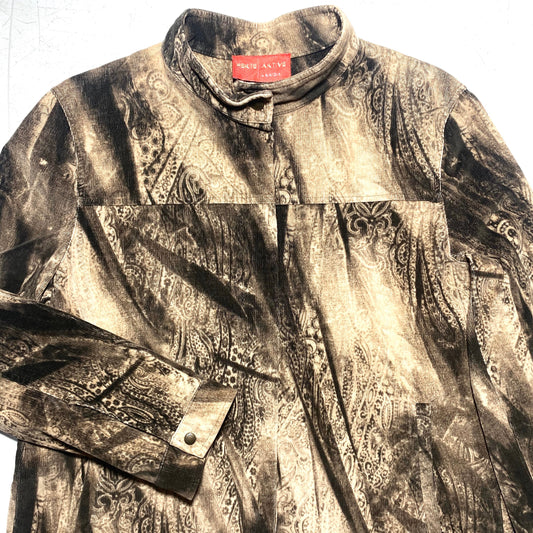 Krizia Aktive beige / brown paisley tie die corduroy ladies jacket with mandarin collar m, sz 21