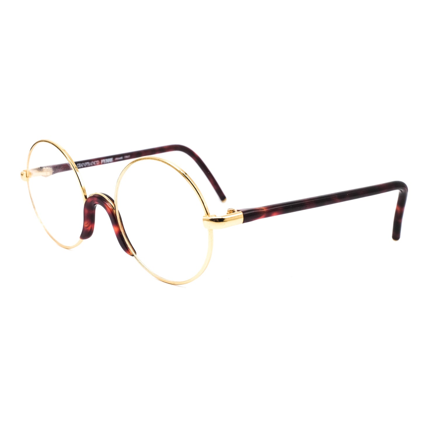 Gianfranco Ferre GFF 2 classic round cello eyeglasses with golden rim and brown tortoise body, 1980s NOS Italy