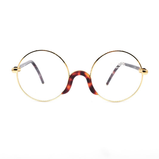 Gianfranco Ferre GFF 2 classic round cello eyeglasses with golden rim and brown tortoise body, 1980s NOS Italy