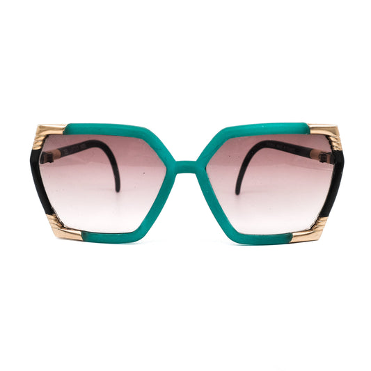 Ted Lapidus Paris tiffany blue or pink and black thick cellulose acetate square sunglasses with golden metal details, 1970s NOS France.