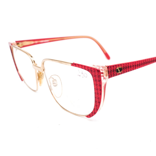 Valentino 133 red cateye cello eyeglasses frames with houndstooth pattern with metal parts in gold, 1980s NOS Italy