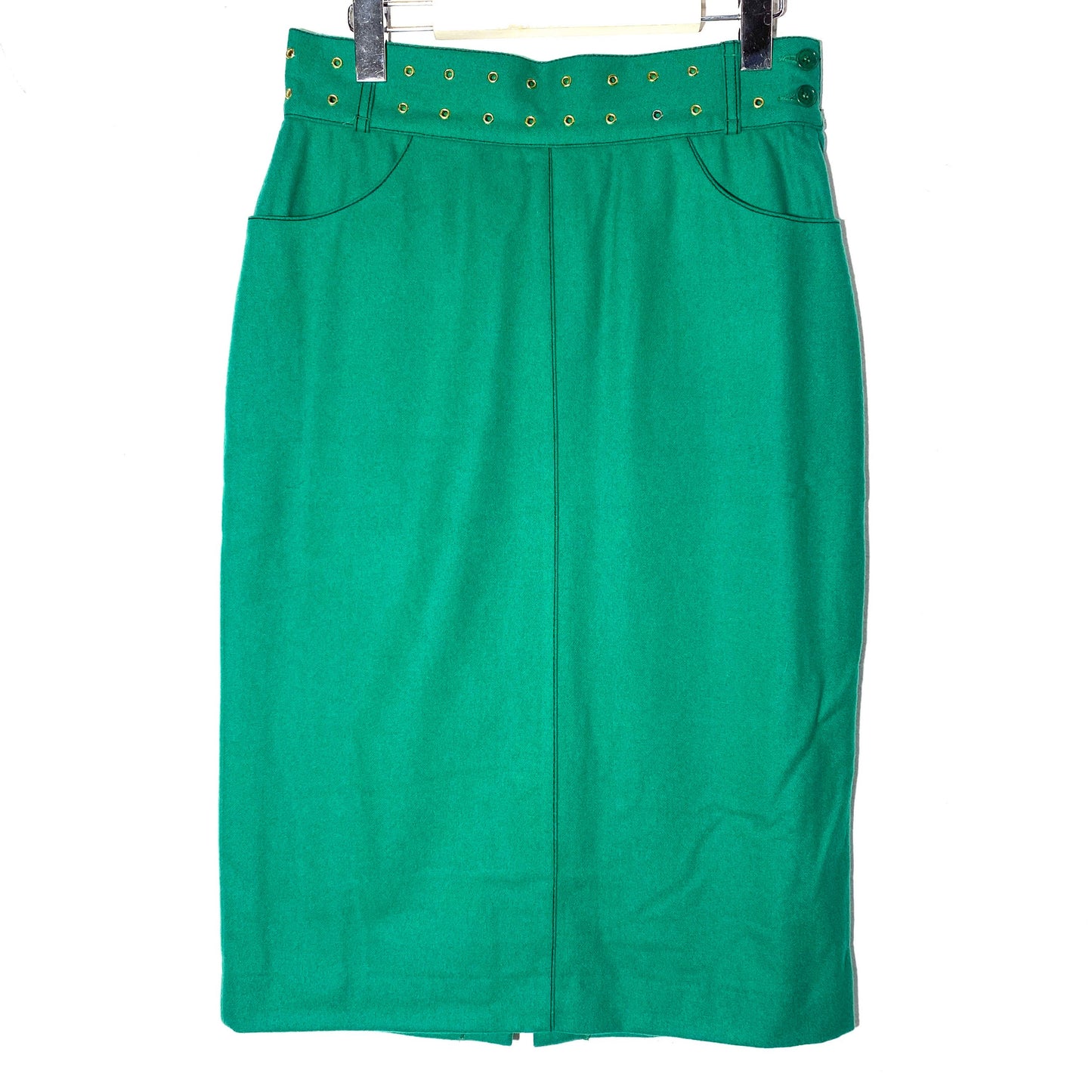 Ferrè Oaks vintage green wool skirt with golden cutoff studs and rocking zipper pocket, 90s NOS