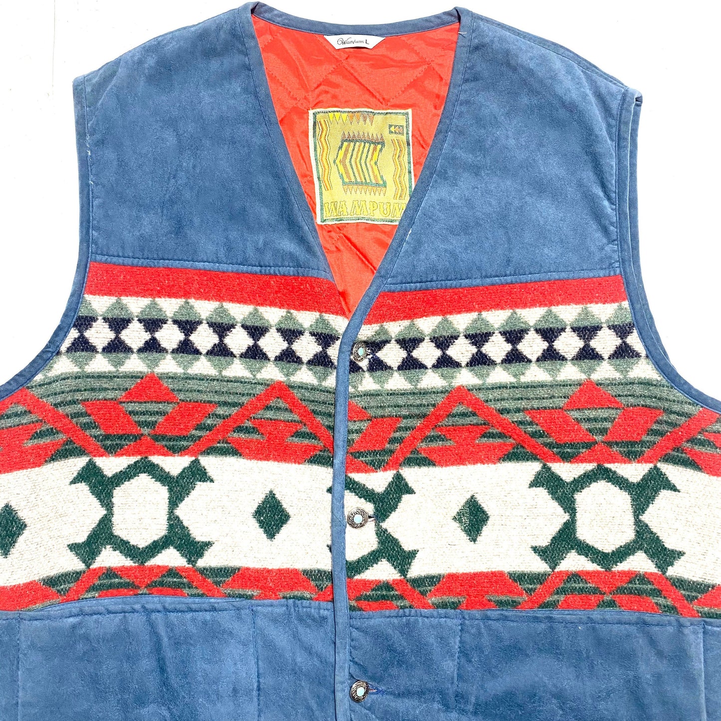 Wampum Navajo print blue / red wool / velvet padded vest with jewel silver/turquoise buttons