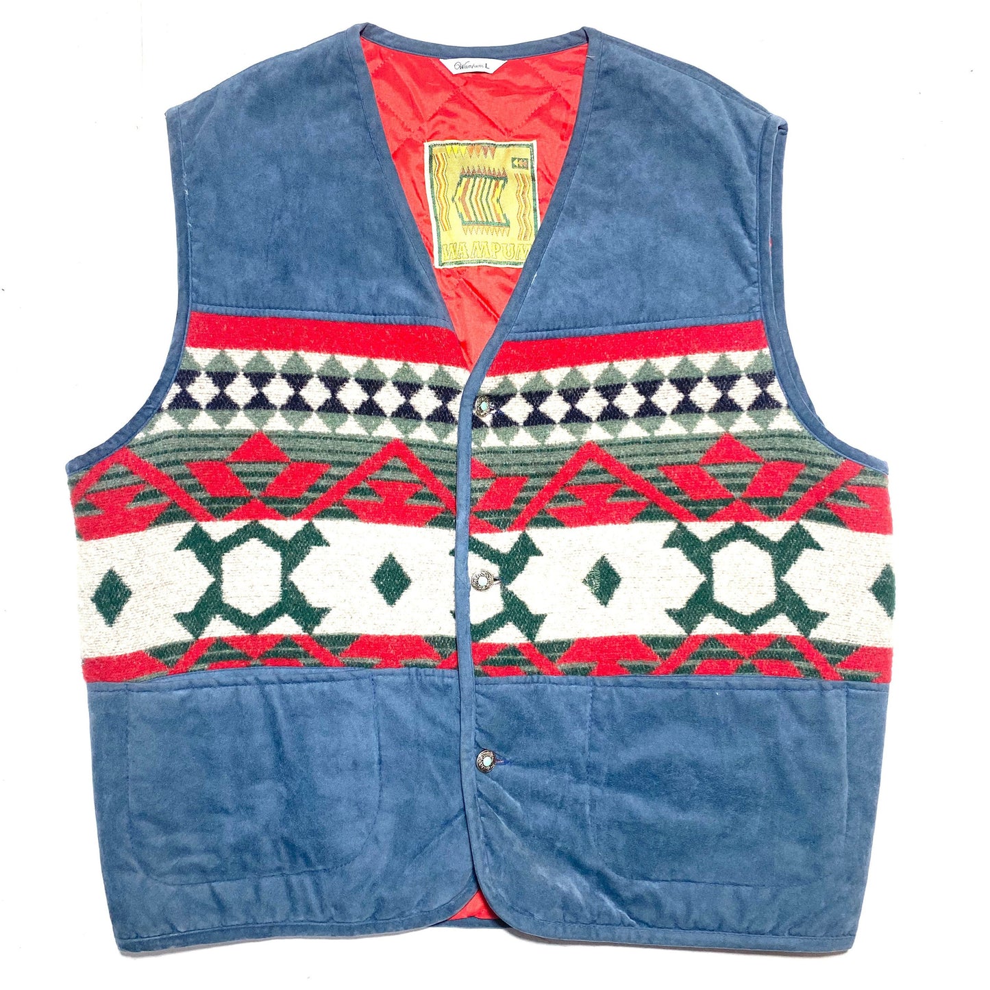 Wampum Navajo print blue / red wool / velvet padded vest with jewel silver/turquoise buttons