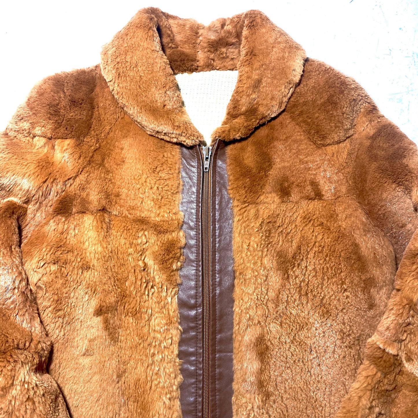 Scoat 1970s real fur fox brown short hair coat with brown leather details. super warm and nicely tailored