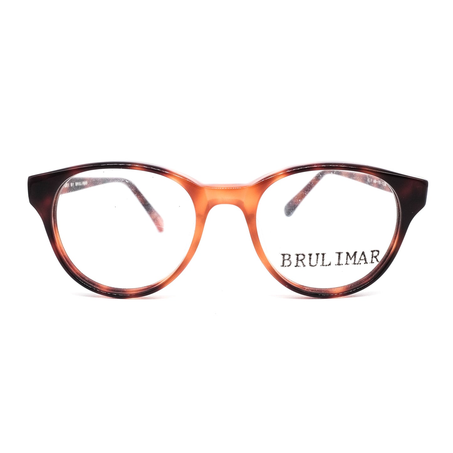 Brulimar vintage brown tortoise acetate round wayfarer style cello eyeglasses with silver details on temples, 1980s NOS