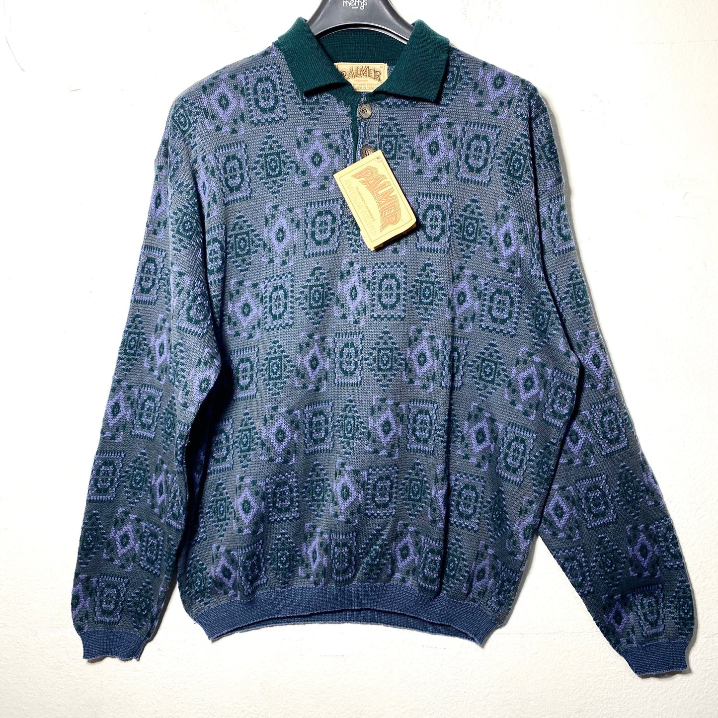 Palmer vintage geometrical allover knitted wool blend pullover with polo collar, mod with tags 80s