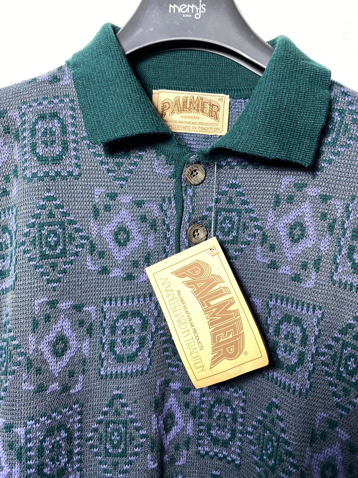 Palmer vintage geometrical allover knitted wool blend pullover with polo collar, mod with tags 80s