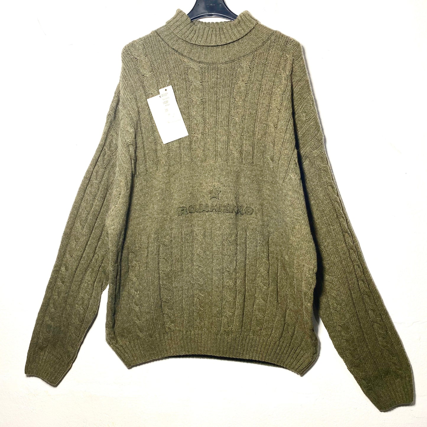 Rodchenko design cable knit turtleneck jumper, military style green knitted sweater, NOs 80s with tags