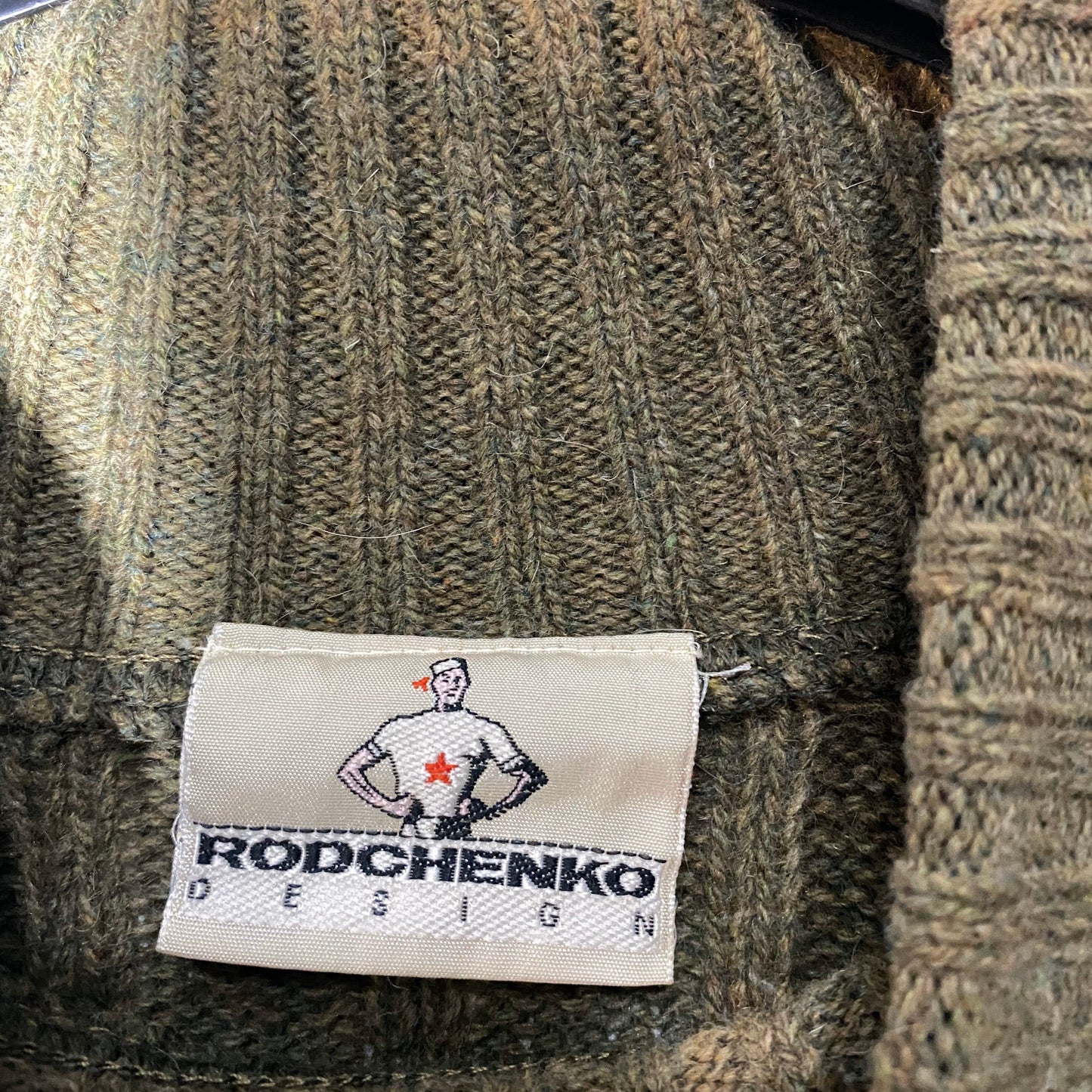 Rodchenko design cable knit turtleneck jumper, military style green knitted sweater, NOs 80s with tags