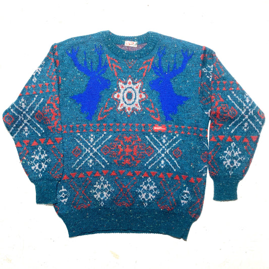 Silvy tricot 80s Christmas reindeer / snowflakes petrol green base pure new wool jumper, mint condition.