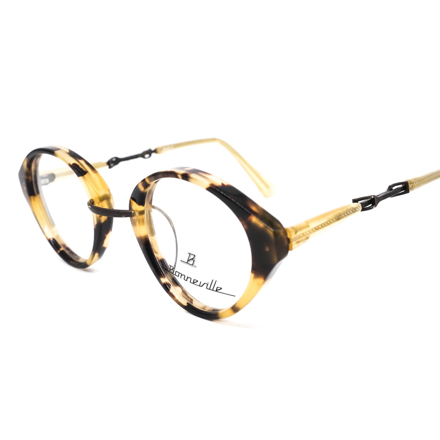 Bonneville vintage brown tortoise round cello eyeglasses frames Made in Germany with special temples design, NOS 1990s