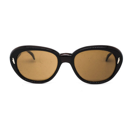 Vintage oval black acetate sunglasses with brown lenses and golden metallic pins. Nos 80s