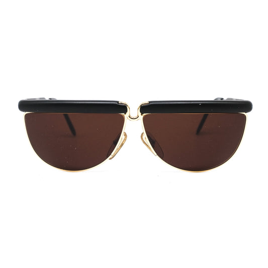 Gianfranco Ferré GFF 30 triangular shape black acetate sunglasses with slim golden rim. Made in Italy, 1980s nos