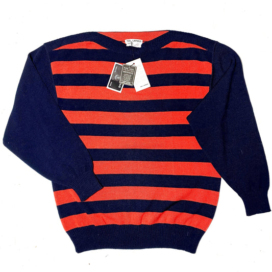 Ted Lapidus Paris pure new merino Wool red/navy striped sailor style jumper, 1980s NOS