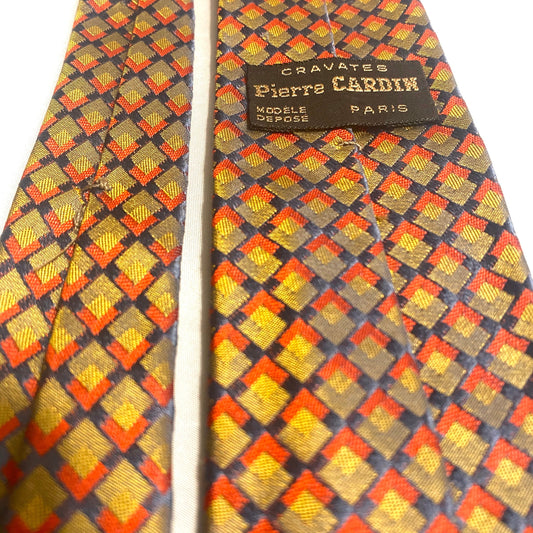 Pierre Cardin 70s slim ambiguously colors geometrical allover silk tie, red blue yellow green