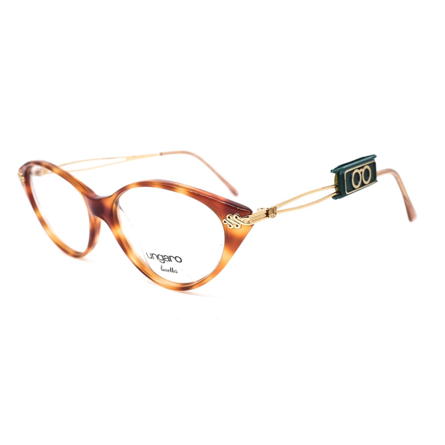 Ungaro U582 brown tortoise acetate cateye eyeglasses with cut off temples design, 80s nos Italy