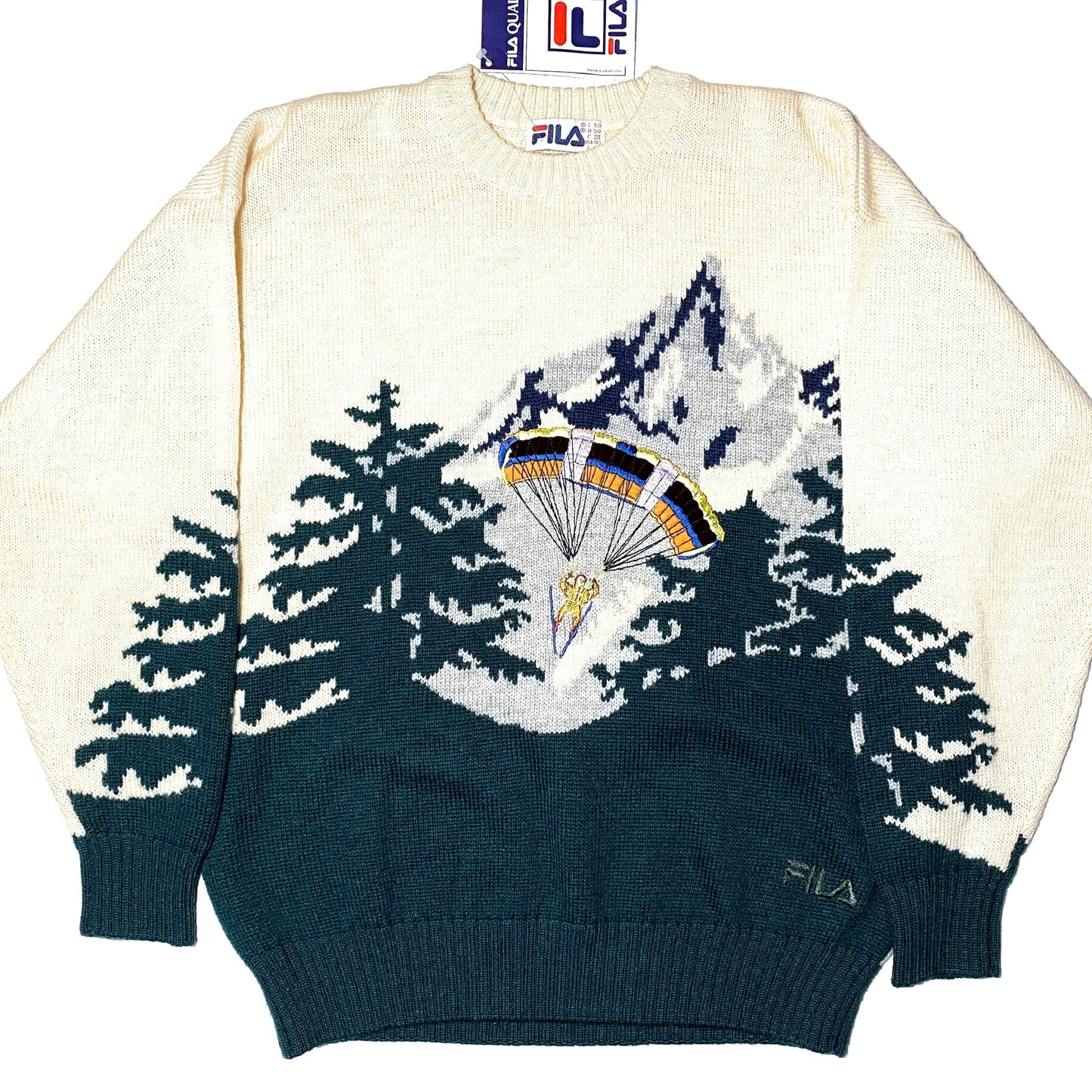 Fila NWT mountain themed embroidered / knitted sweater made in Italy, 90s new with tags