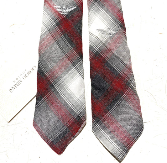 Giorgio Armani junior vintage slim cotton burgundy/grey/white tartan tie, 90s NOS, 2 available