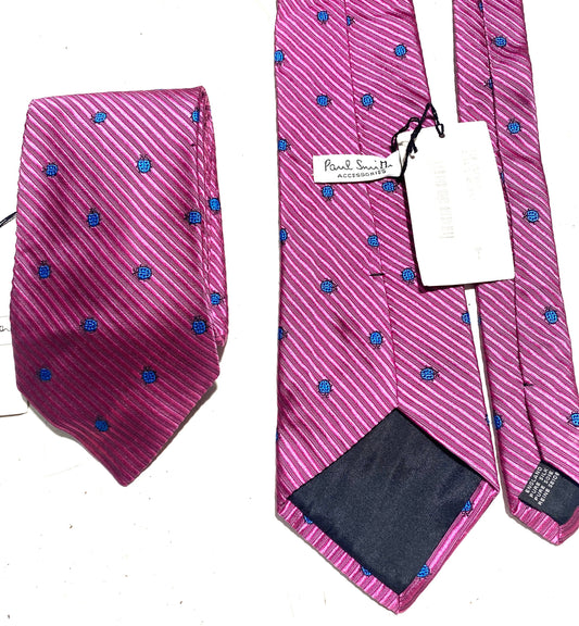 Paul Smith pink silk ties with blue ladybugs allover, NOS 90s, 2 pcs twins