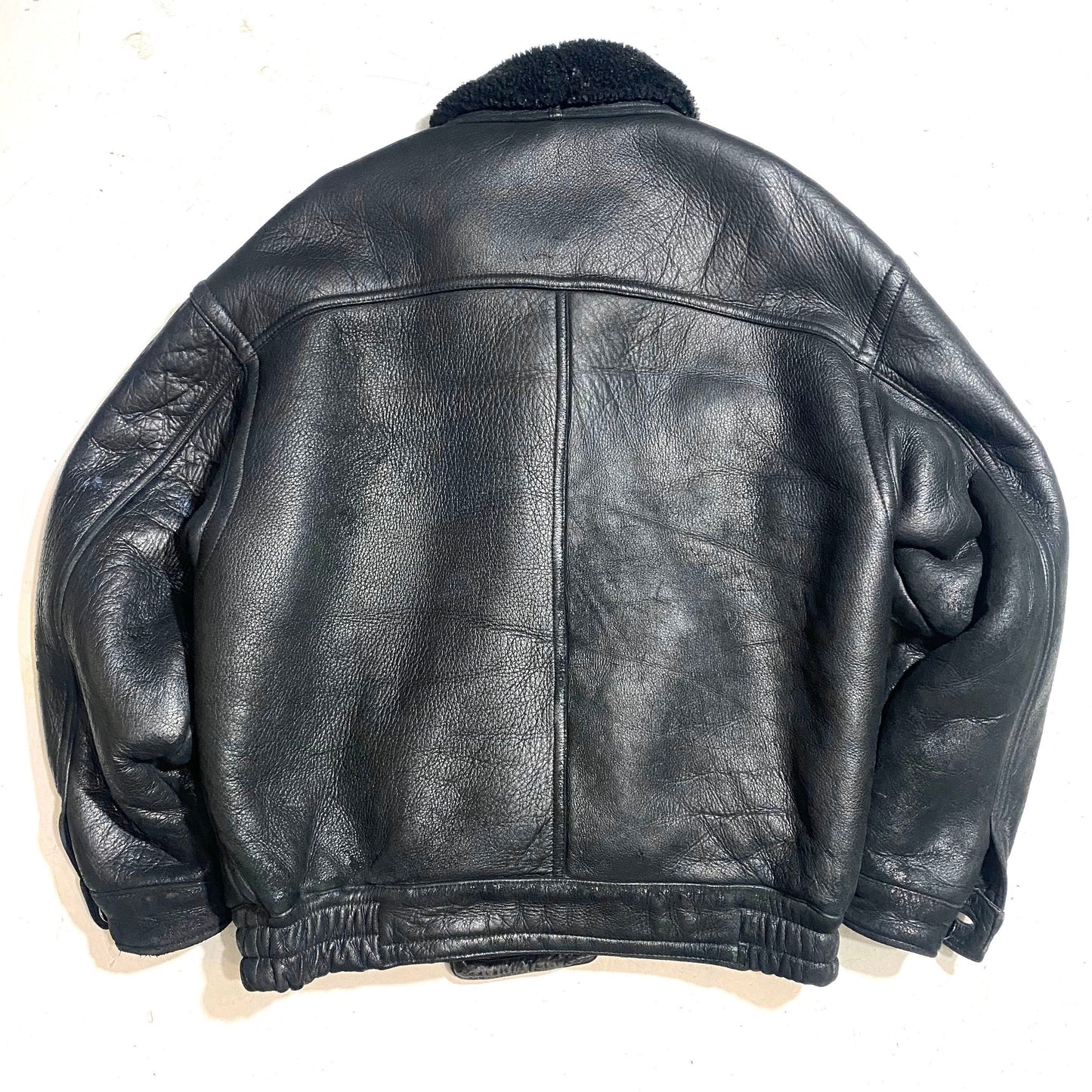 Black Shearling bomber style leather coat for men sz 52 / L, 1980s Itaky good condition