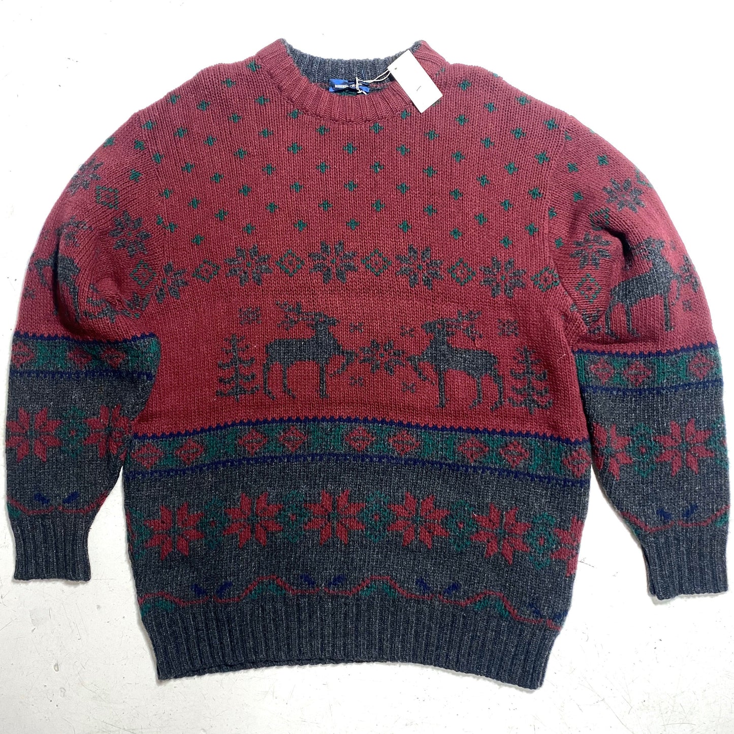 Roberto Collina burgundy wool knitted Christmas sweater, deers & snowflakes, 90s NOS with tags