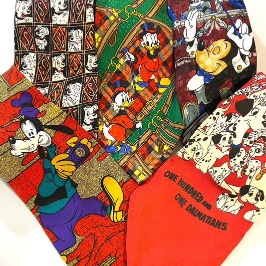 Disney official silk ties made in Italy, Goofy, Donald, Mickey, 101 Dalmatians, Minnie, mint condition.
