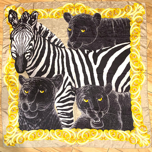 Incredible baroque frames jungle Zebra / Panther themed big silk scarf, 90s NOS Itaky