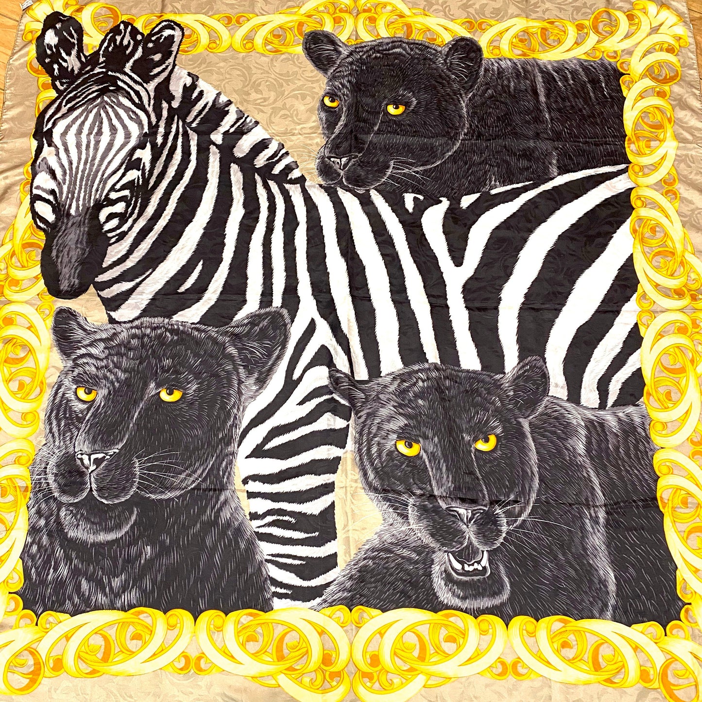 Incredible baroque frames jungle Zebra / Panther themed big silk scarf, 90s NOS Itaky
