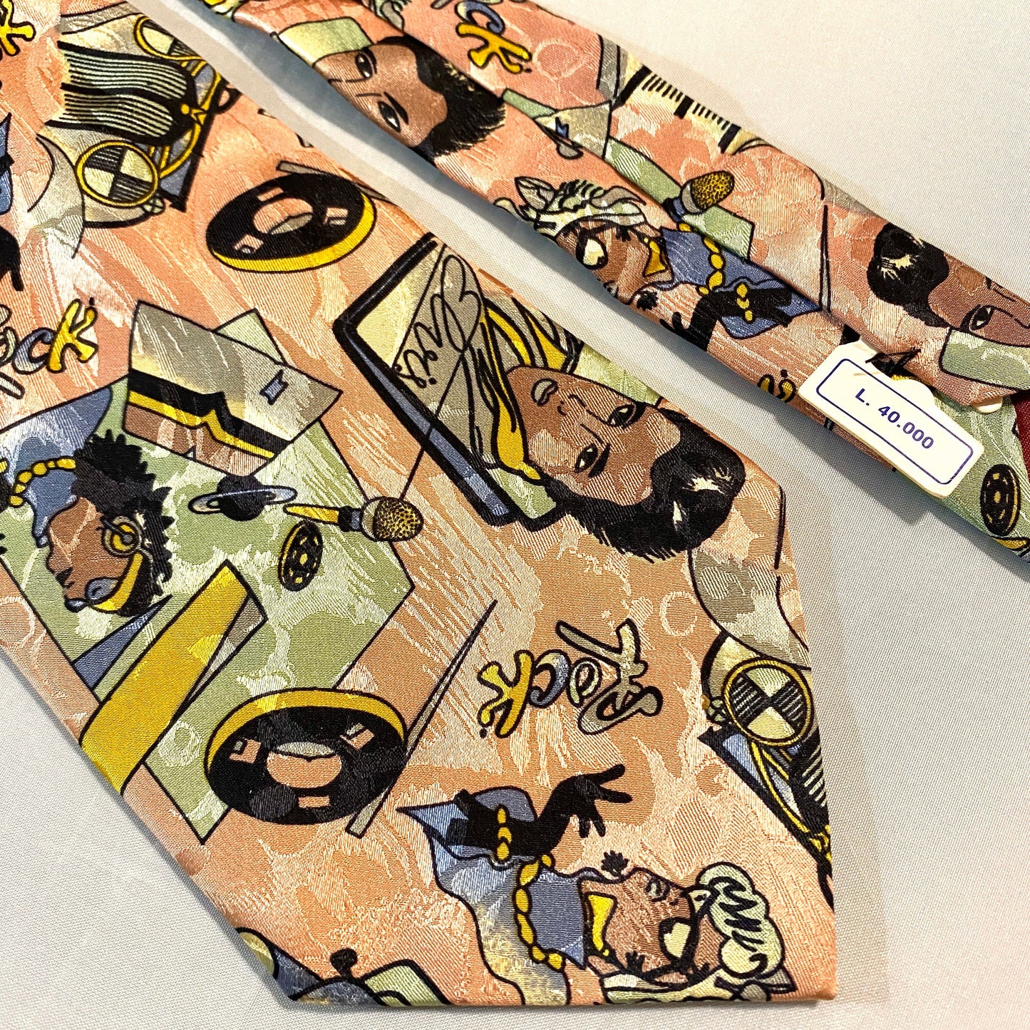 Coolest Rock’n’Roll pure silk tie featuring Elvis, Vynil, Cadillac & more music references, 80s NWT