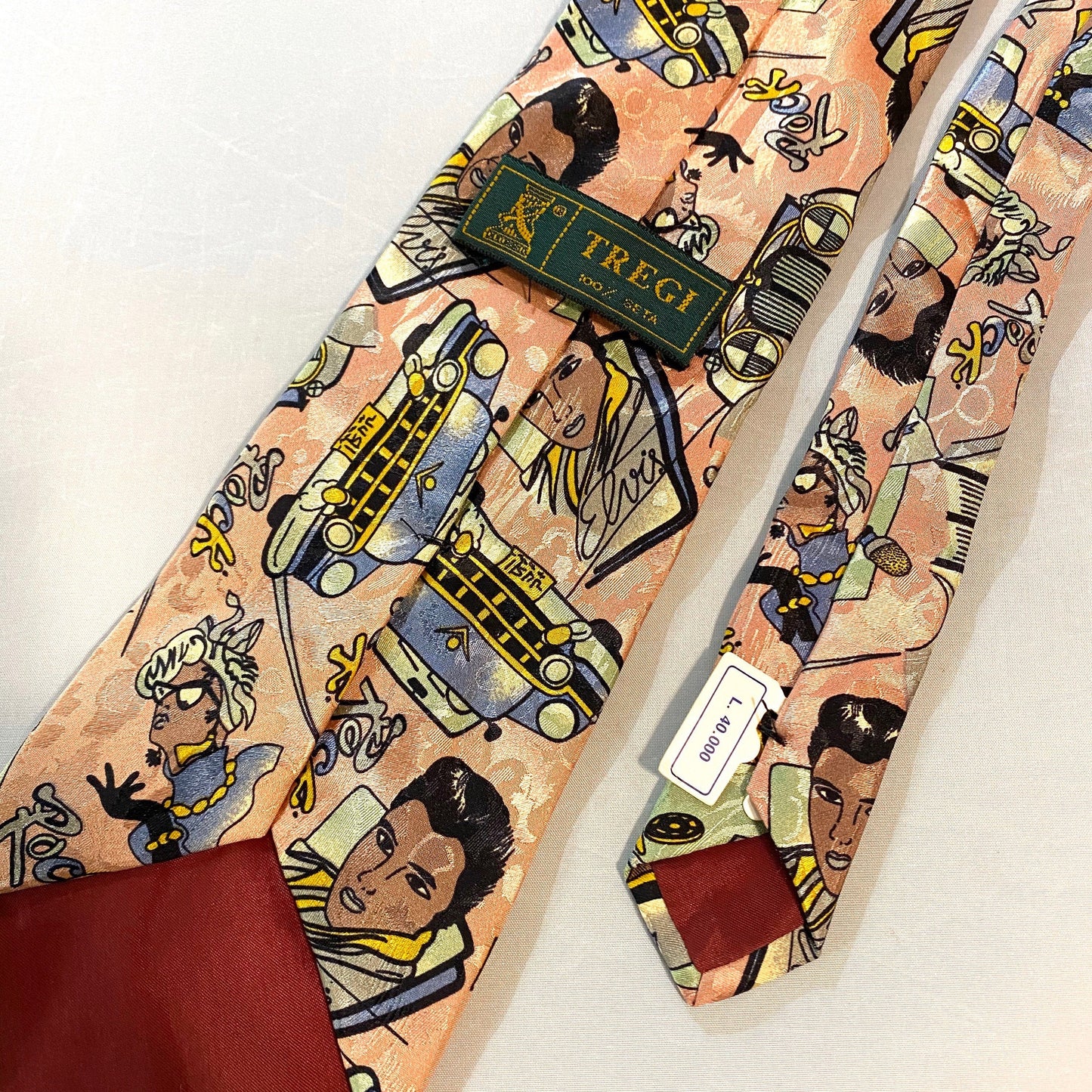 Coolest Rock’n’Roll pure silk tie featuring Elvis, Vynil, Cadillac & more music references, 80s NWT