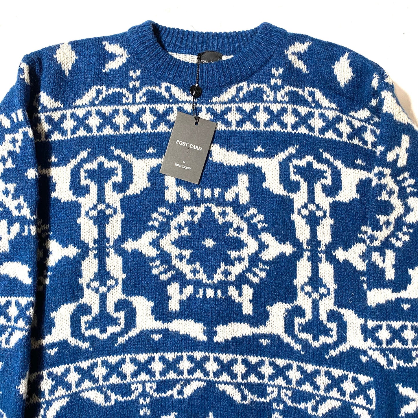 Post Card NWT 90s blue/white snowflakes and geometry all over wool Jumper, 80s NoS Italy