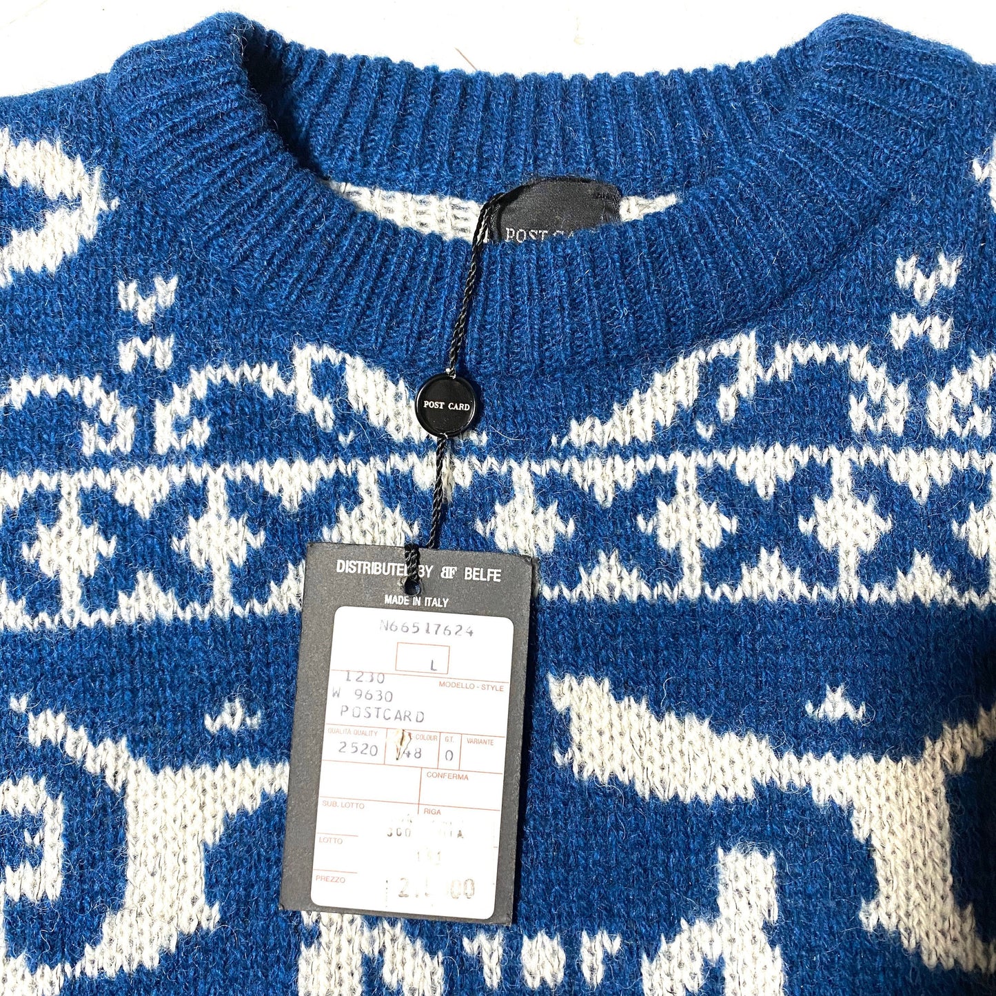 Post Card NWT 90s blue/white snowflakes and geometry all over wool Jumper, 80s NoS Italy