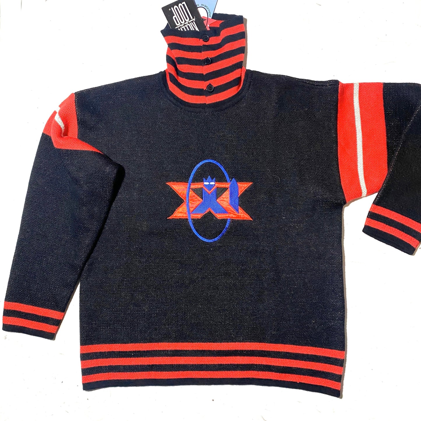 Killer Loop nos hip oversize fit black turtleneck sweater with white/red Navajo/ geometrical motifs, 90s NWT