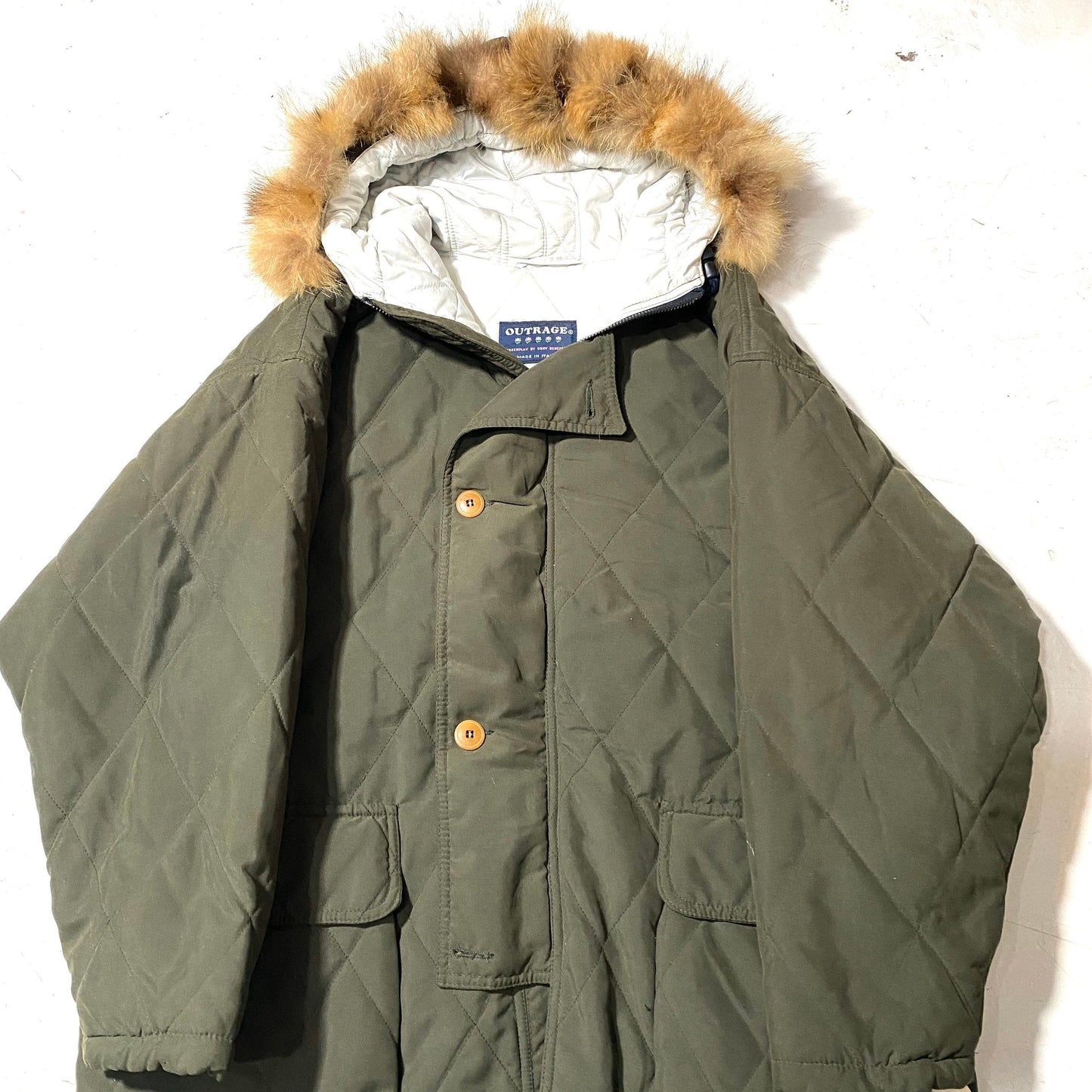Outrage NWT quilted military green parka with fur hoodie, made in Italy in the 80s, perfect