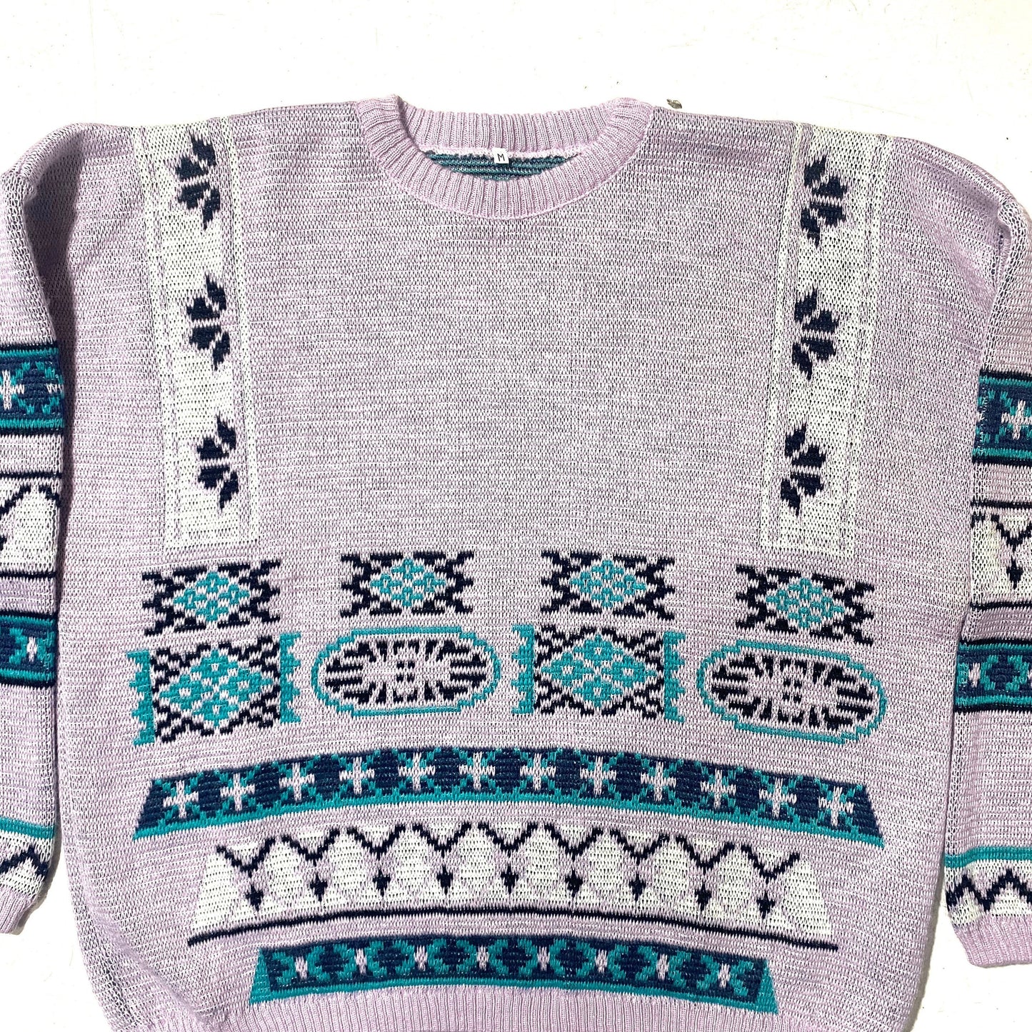 Oxbow 90s pink / green geometrical allover snowboarder sweater, new from deadstock, mint, size M