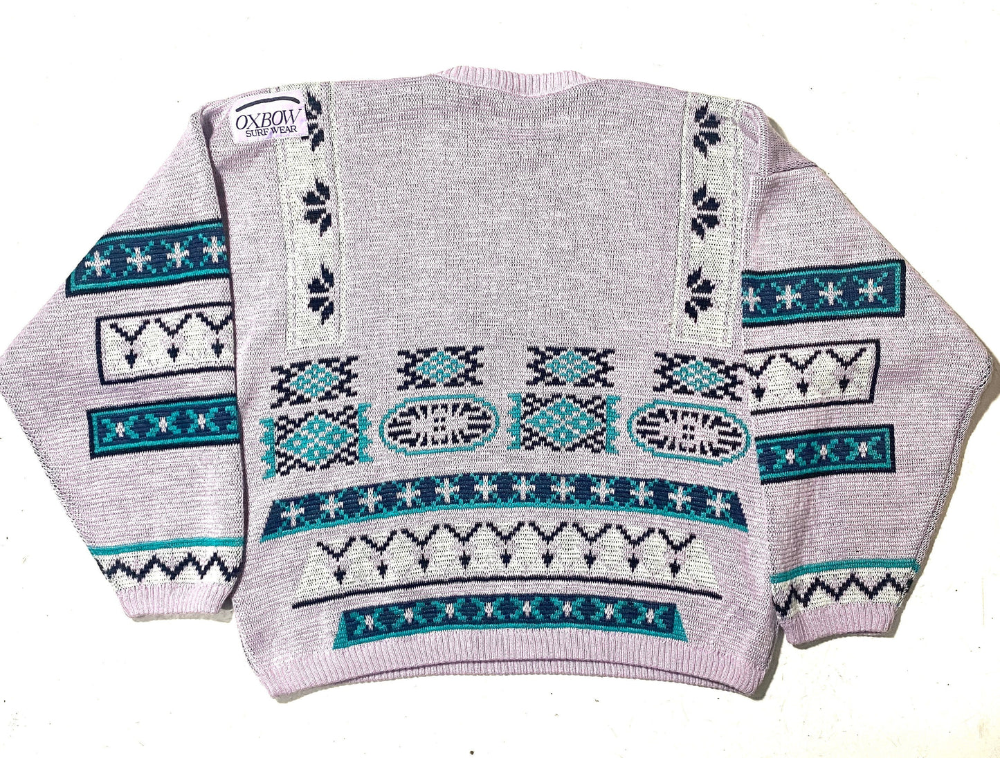 Oxbow 90s pink / green geometrical allover snowboarder sweater, new from deadstock, mint, size M