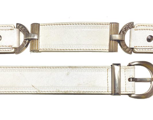 Gianni Versace white leather belt with Medusa crews and Roman pillars, 90s Italy, cool and mint