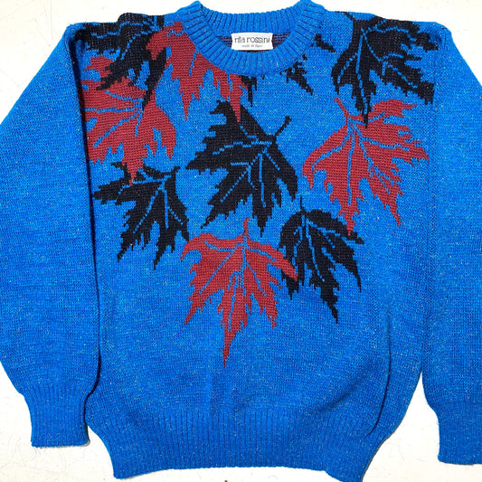 Beautiful electric blue NOs ladies pullover with black / blue leaves allover, mint condition 80s Italy