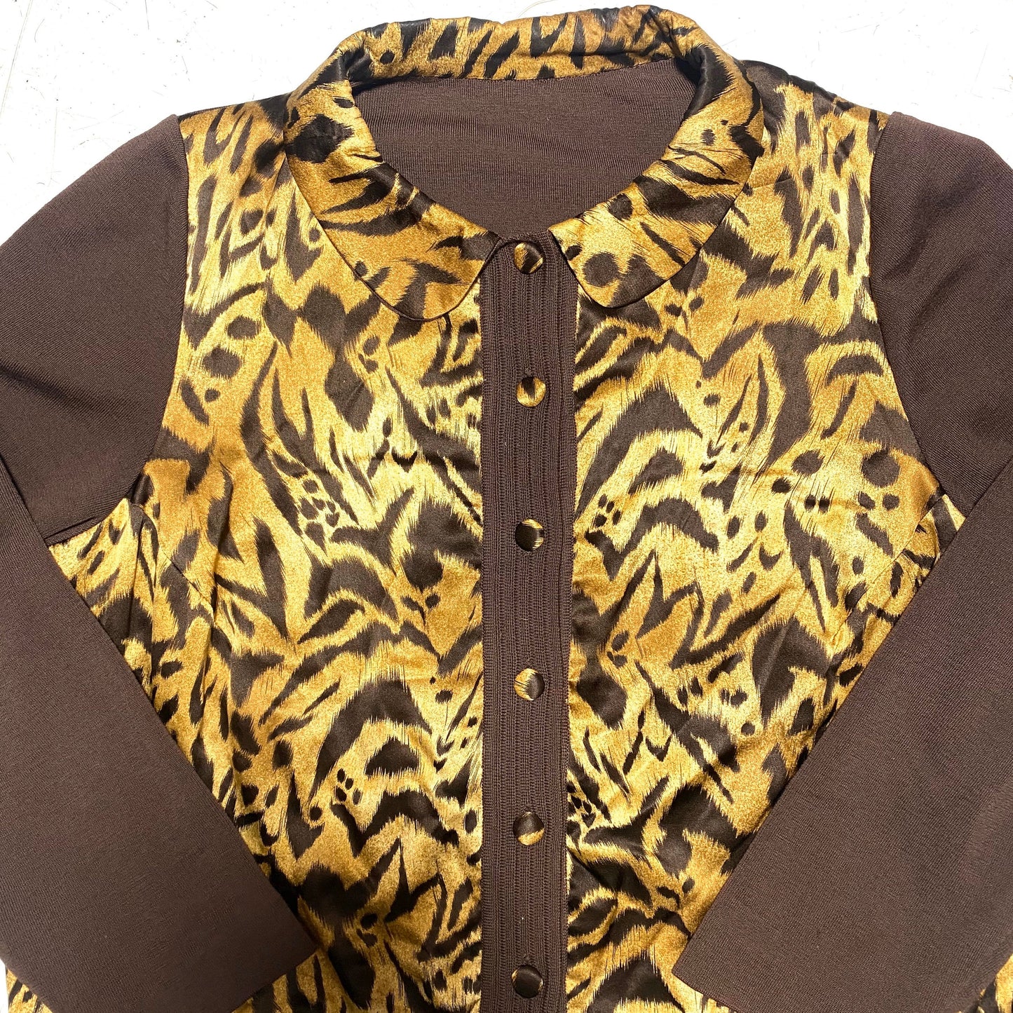 Brown fine wool button up jumper with animalier silk coated front, buttons and collar. artisanal/sartorial make, finest finishings