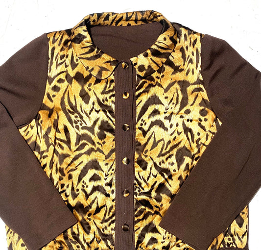 Brown fine wool button up jumper with animalier silk coated front, buttons and collar. artisanal/sartorial make, finest finishings