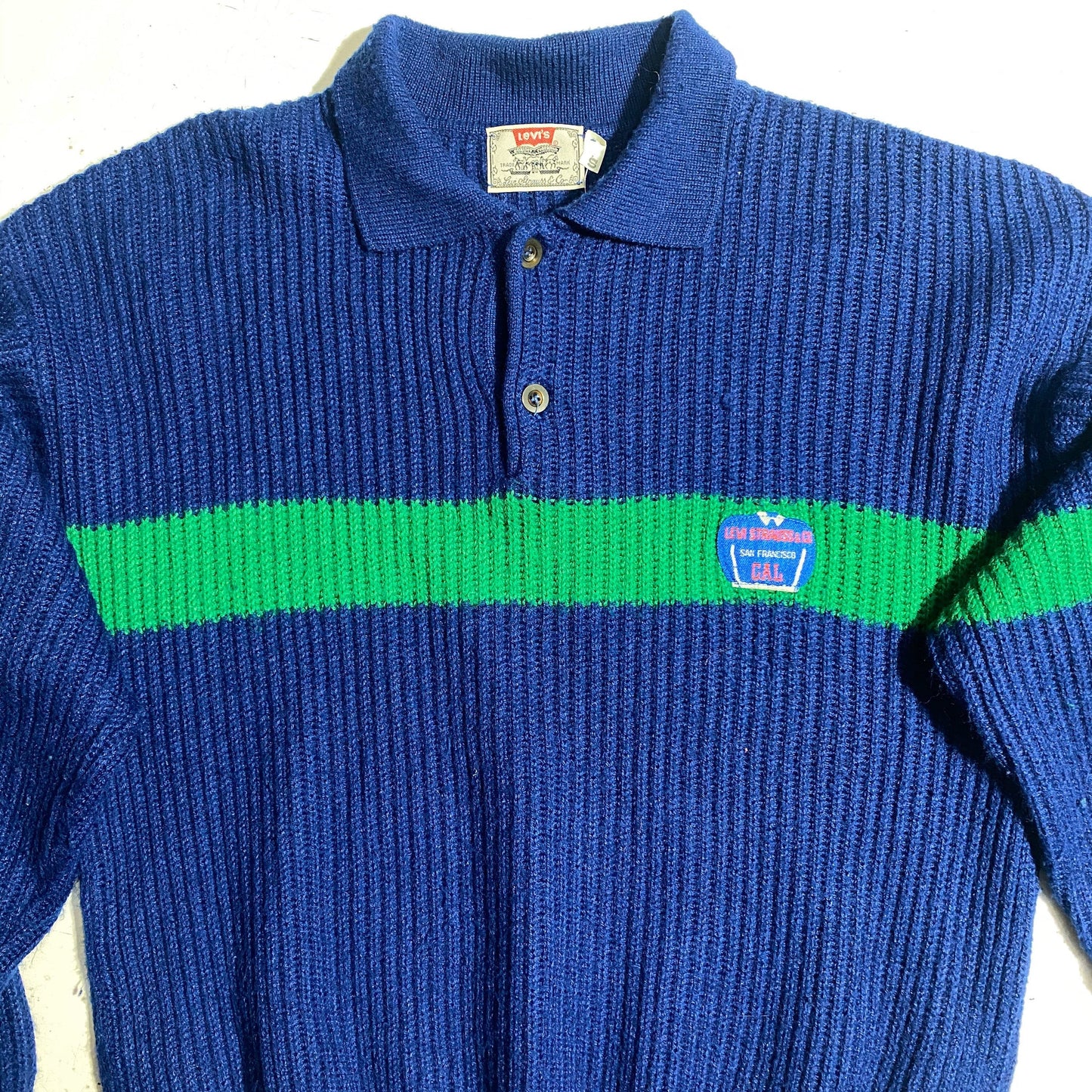 Levi’s 80s blue ribbed wool pullover with horizontal green stripe, mint condition
