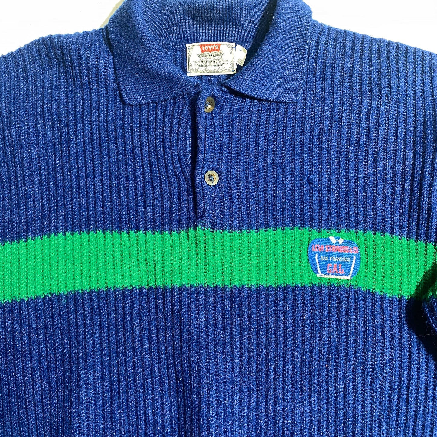 Levi’s 80s blue ribbed wool pullover with horizontal green stripe, mint condition