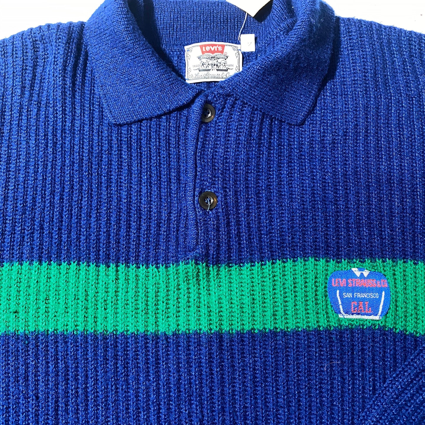 Levi’s 80s blue ribbed wool pullover with horizontal green stripe, mint condition